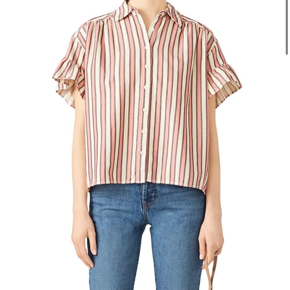 The Great Striped cotton Flounce Sleeve Button Down business casual Shirt Size 0
